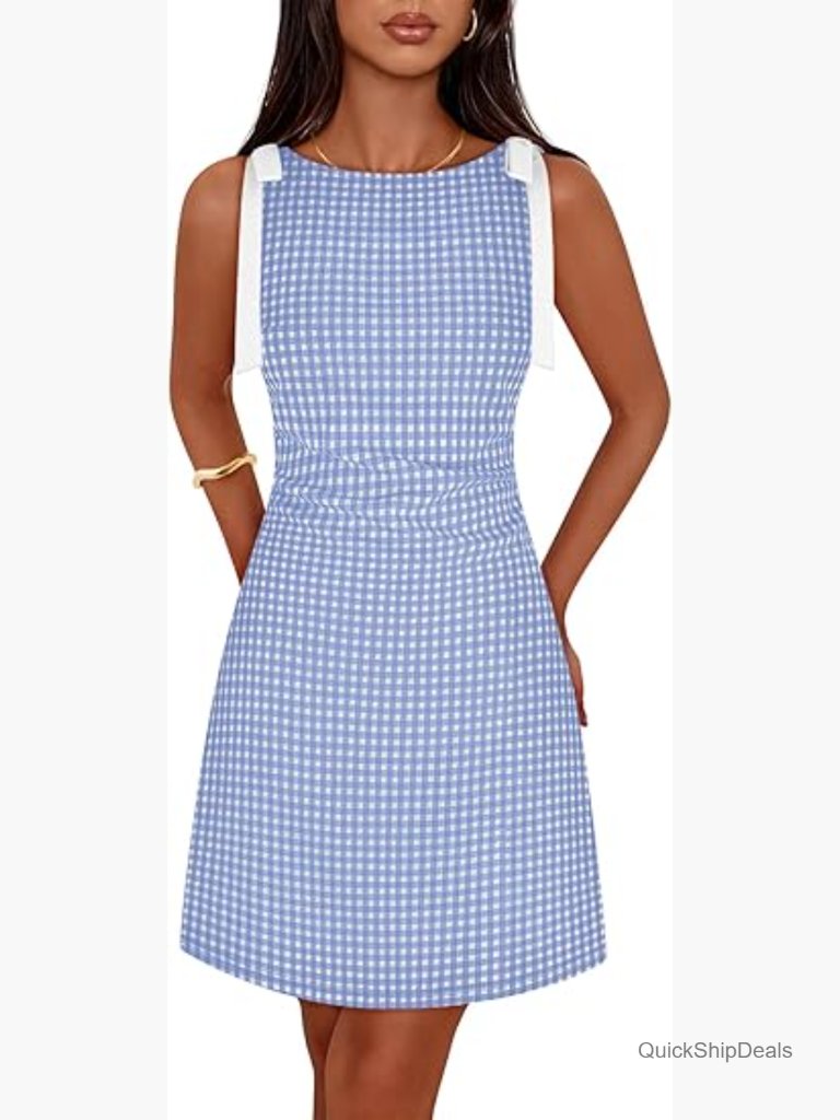 Women's Summer Gingham Mini Dress Ruched Sleeveless Boat Neck Cocktail Party